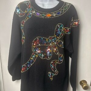 Vintage Victoria Harbour Sequin Bow Sweater Black Beaded Ramie Cotton Size M